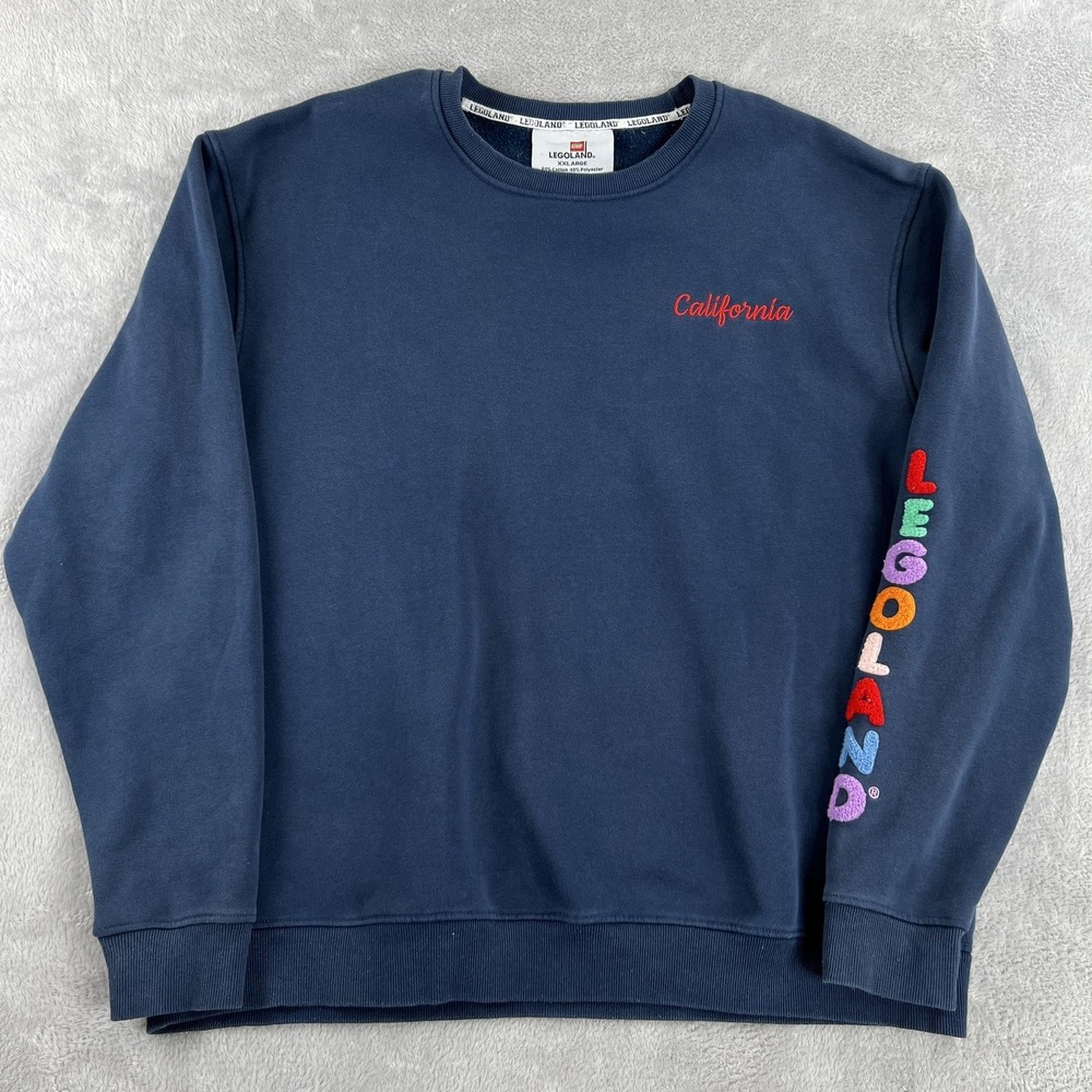 Legoland Branded California Spellout Logo Sweatshirt 2XL Navy Blue Dad Crewneck